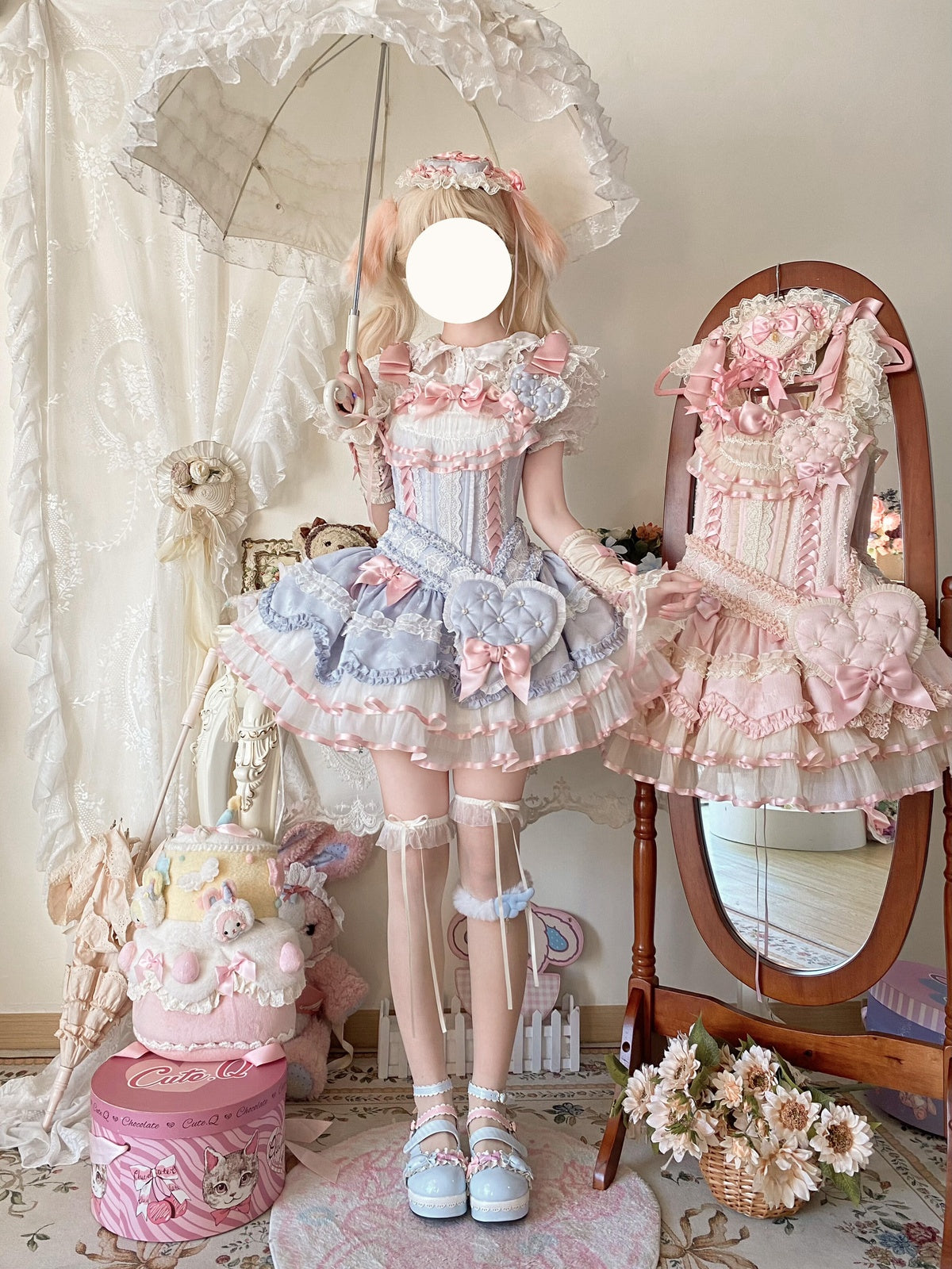 Sweet Ribbon Lolita Ballet JSK Dress - Blue & Pink Princess Gown