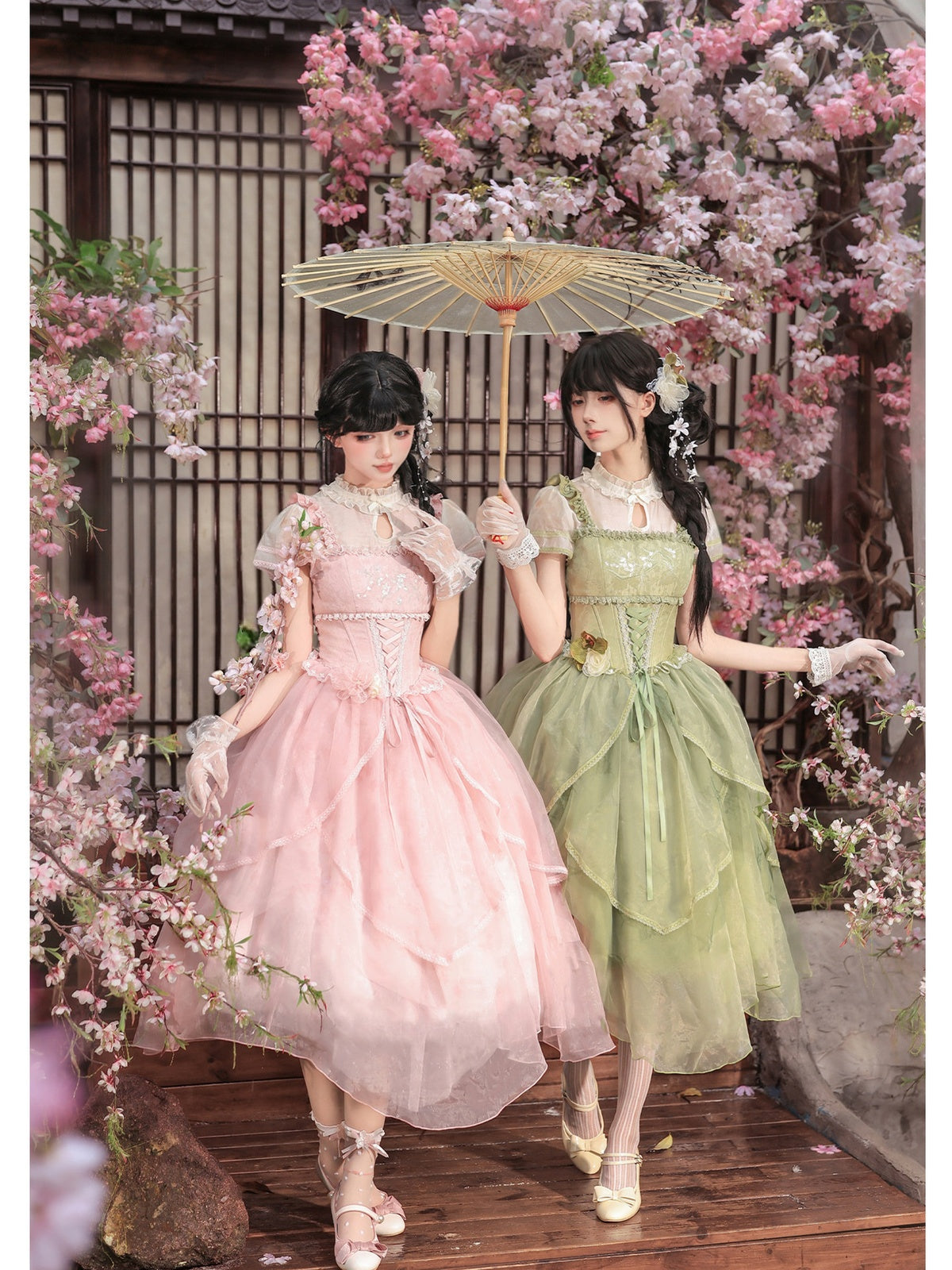 Pink Chinese Style Lolita Petal Hem Print OP with Lift-Up Skirt