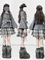 Grey Preppy Lolita Dress Set with Doll Collar Coat & Plaid Skirt