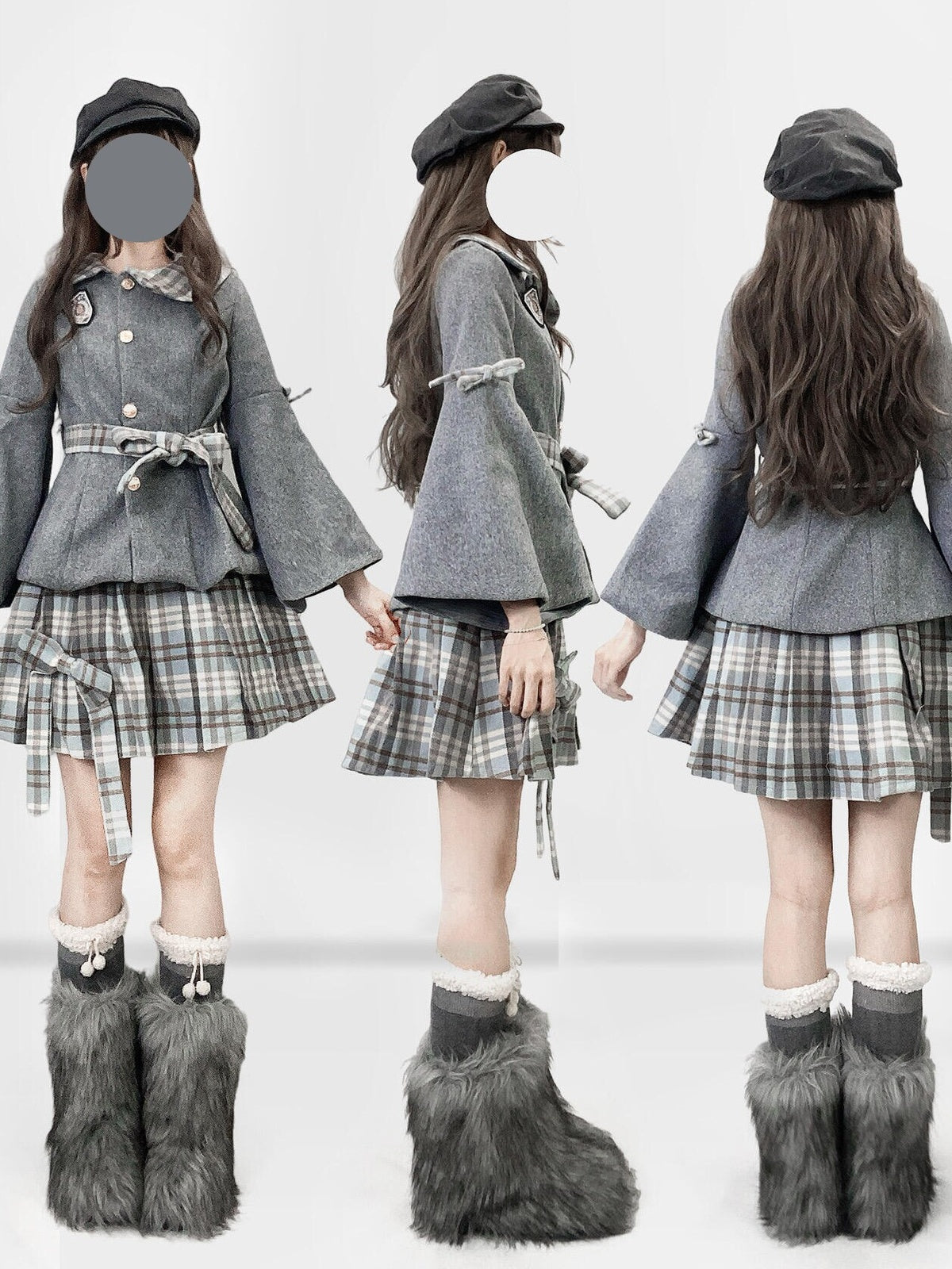 Grey Preppy Lolita Dress Set with Doll Collar Coat & Plaid Skirt