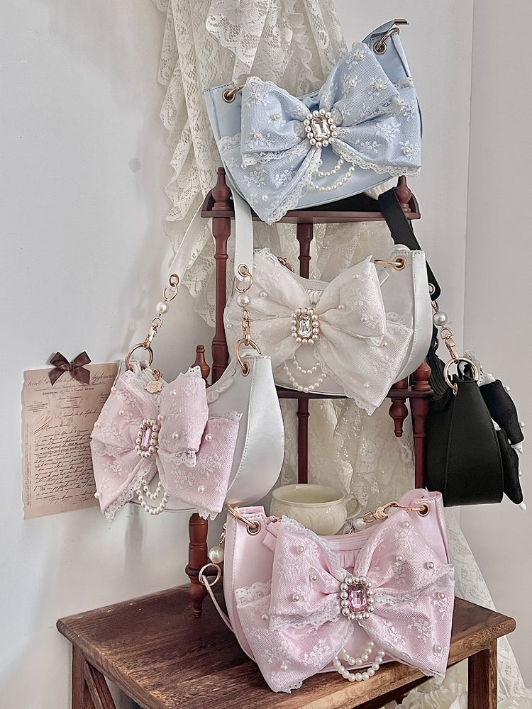 Sweet Lolita Satin Shoulder Bag with Sparkling Beaded Bow - Sheep Puff Bag | CoyBunny