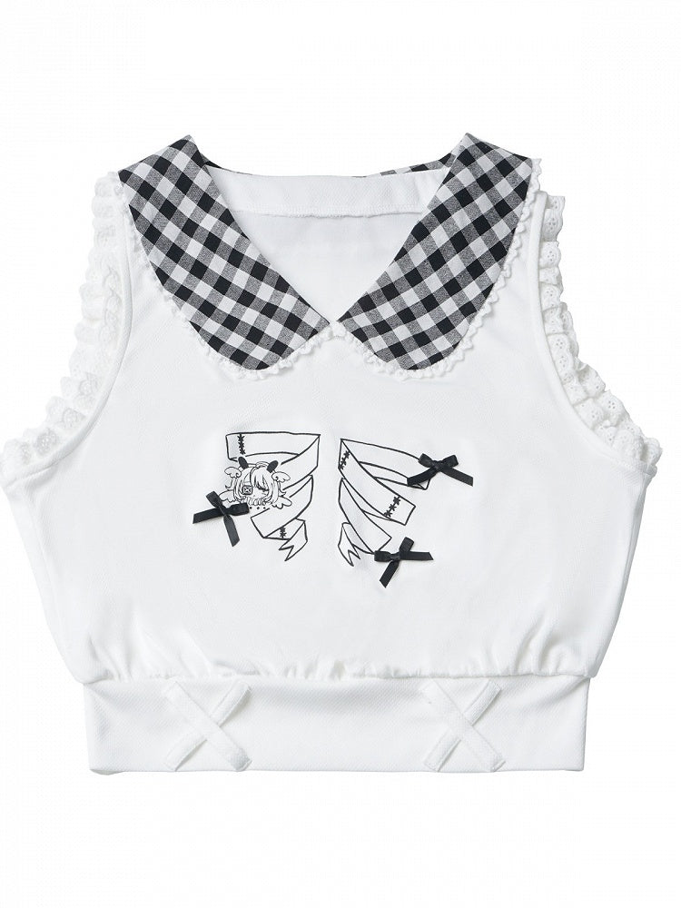 White Gingham Peter Pan Collar Tank with Cartoon Print - PINK SAVIOR | CoyBunny