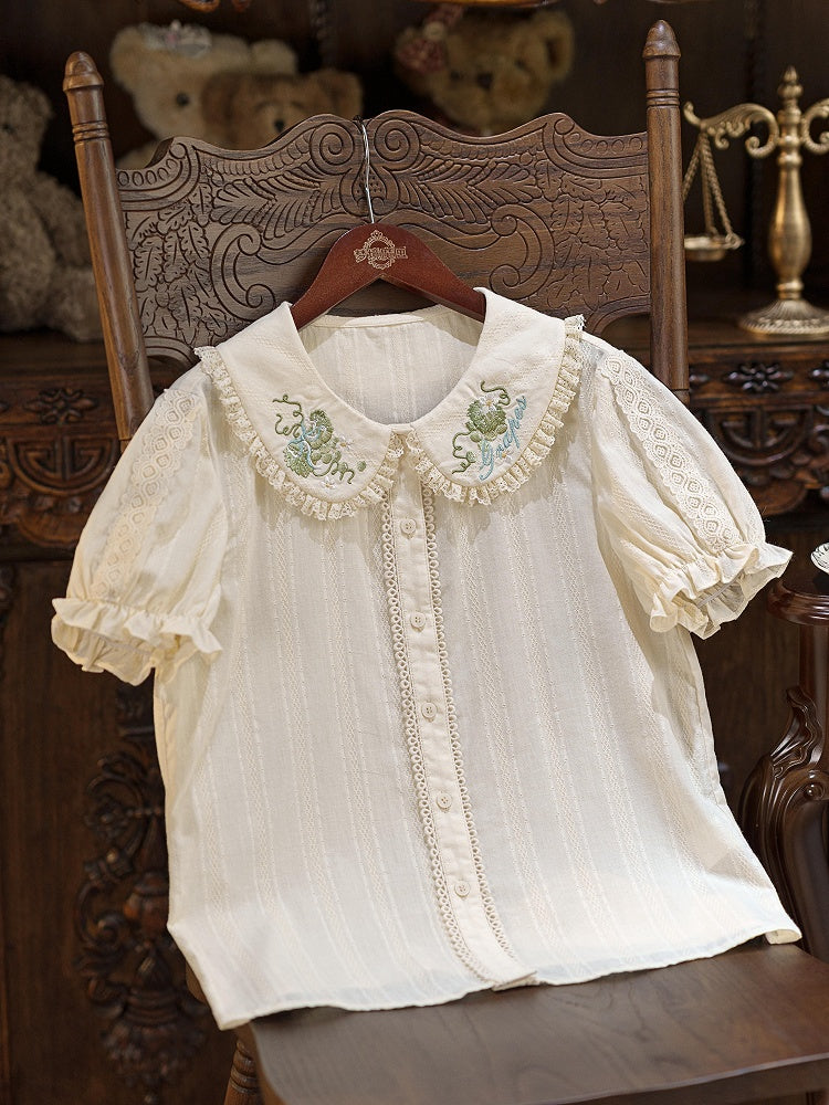 Green Grape Embroidery Collar Cream Short Sleeve Top - Dream Magic Box | CoyBunny