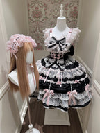 Black & Pink Doll JSK Lolita Dress with Back Bow & Headband