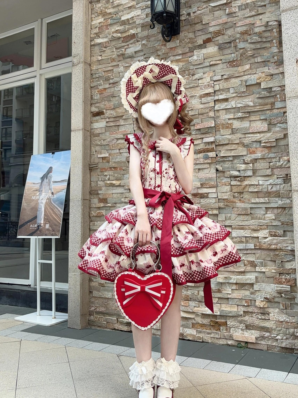 Sweet Cherry Lolita Tiered Dress Set with Bonnet