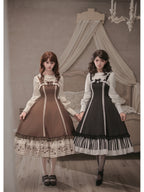 Black Print Lolita JSK Dress with Adjustable Straps & Ruffle Hem
