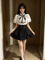 Cute White Jirai Kei School Girl Lolita Dress Short Sleeve Midi Skirt Set