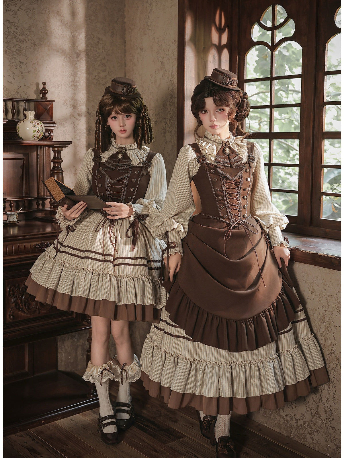 Short Ruffle Lolita OP Set with Corset, Drape & Brooch
