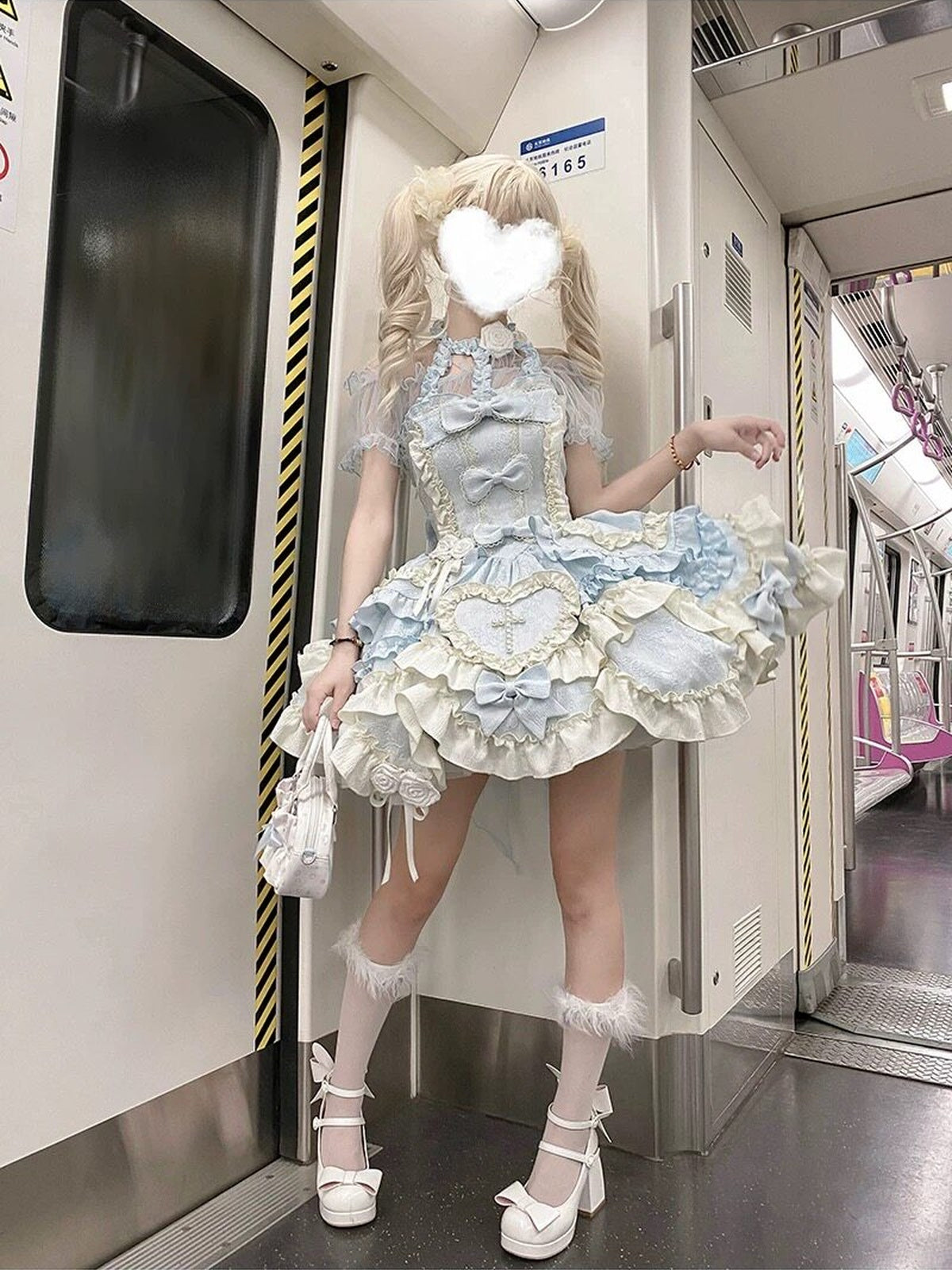Sweet Blue Halter Gothic Lolita JSK Dress with Bow Train