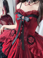Gothic Wine Red High-Low Lolita Dress Set with Detachable Train