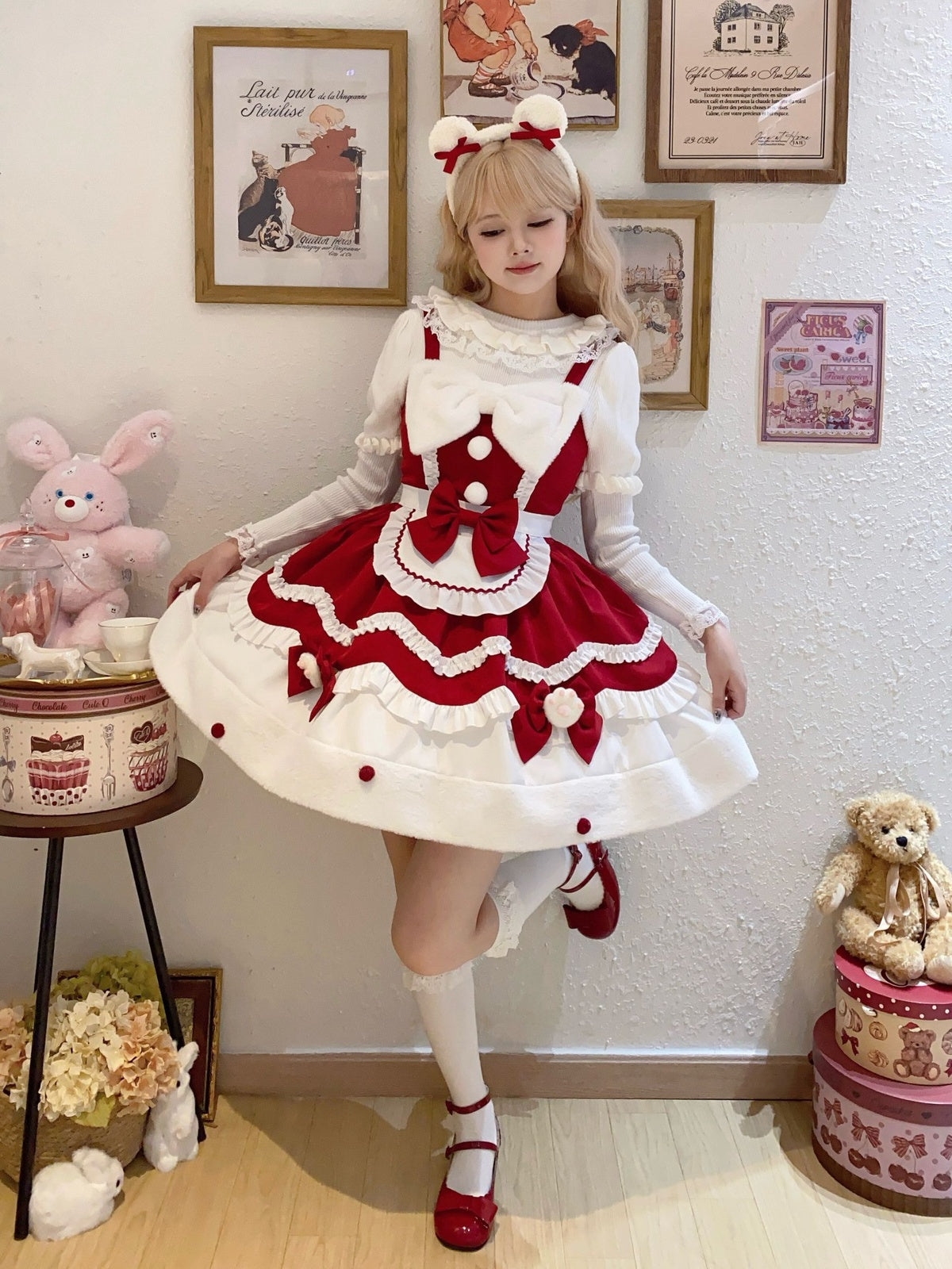 Red Christmas Sweet Lolita JSK Dress & Cute Apron Winter Set