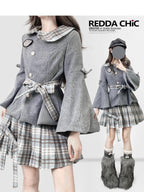 Grey Preppy Lolita Dress Set with Doll Collar Coat & Plaid Skirt