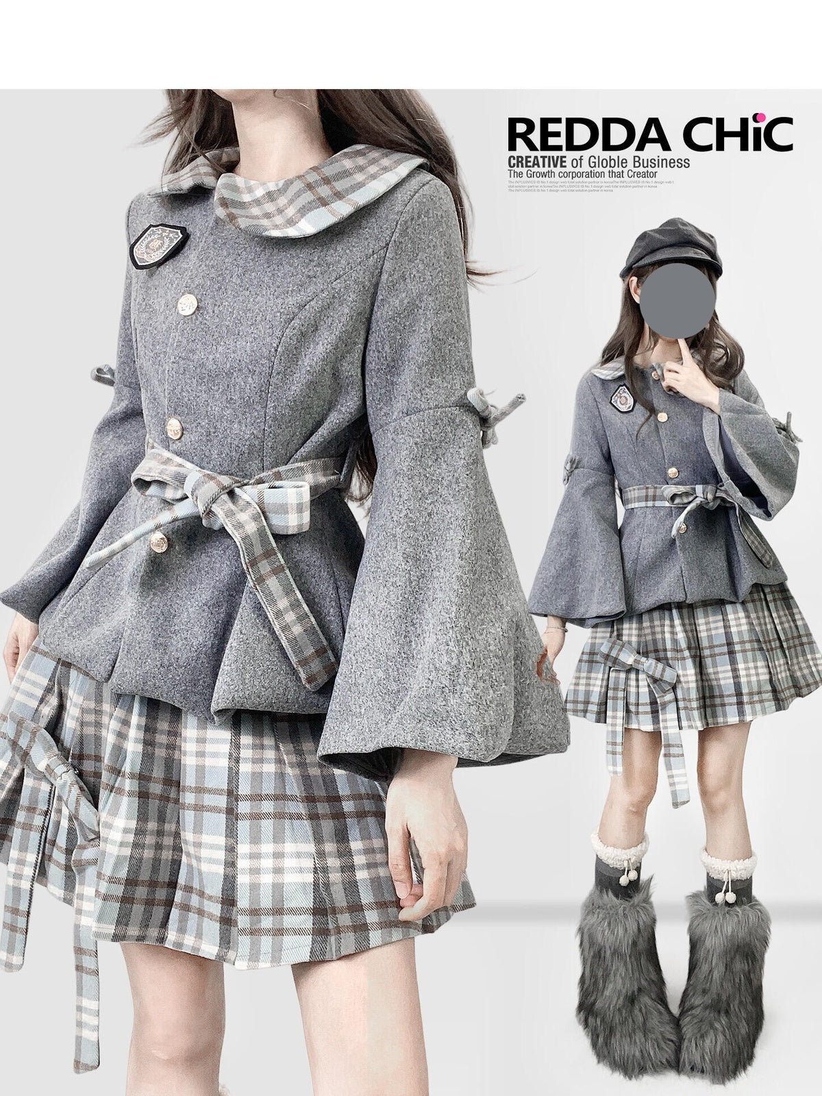 Grey Preppy Lolita Dress Set with Doll Collar Coat & Plaid Skirt