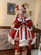 Red New Year & Christmas Lolita Dress Full Set with Cloak & Train