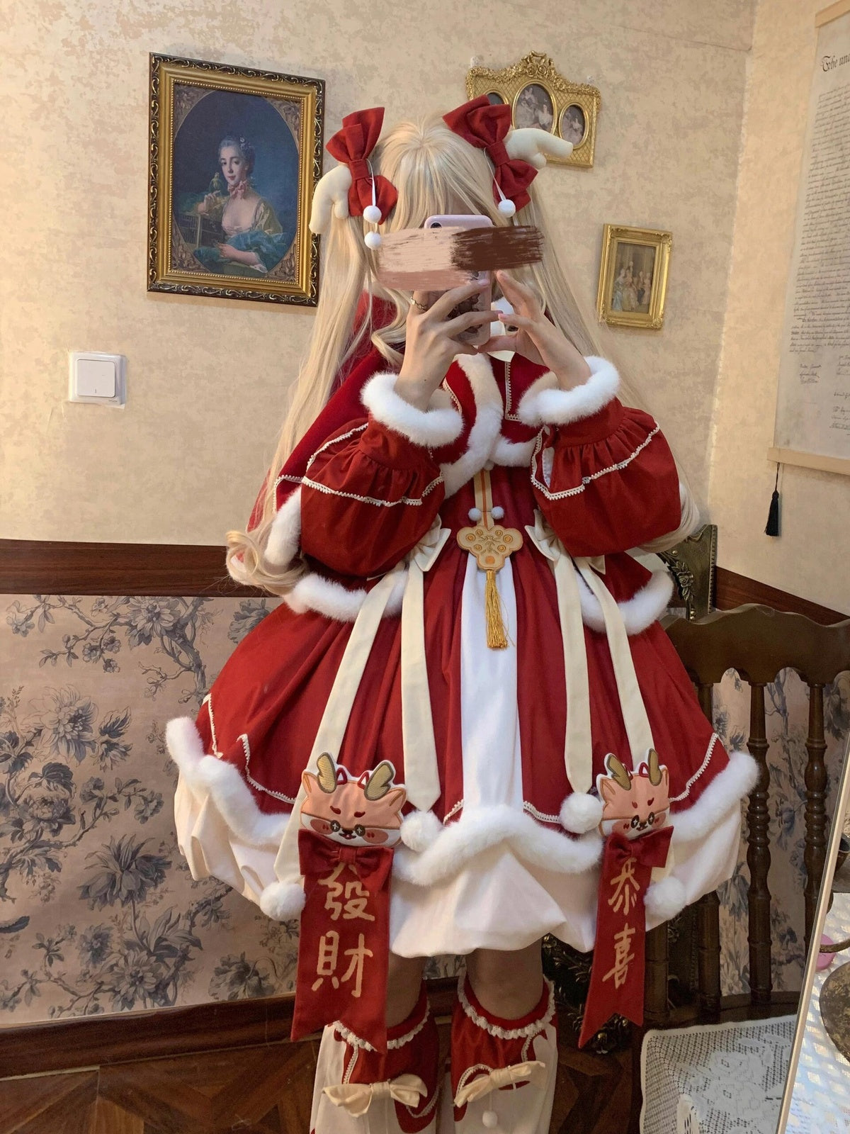 Red New Year & Christmas Lolita Dress Full Set with Cloak & Train