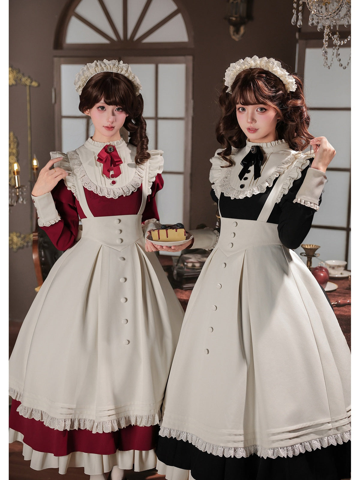 Black Elegant Maid Lolita OP Set with Apron, Necktie & Headband