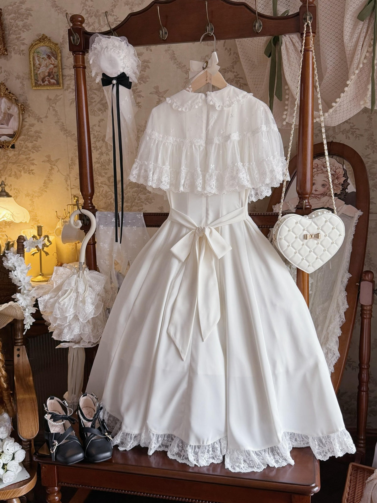 Elegant White Classic Lolita Dress Short Sleeve Midi JSK Full Set