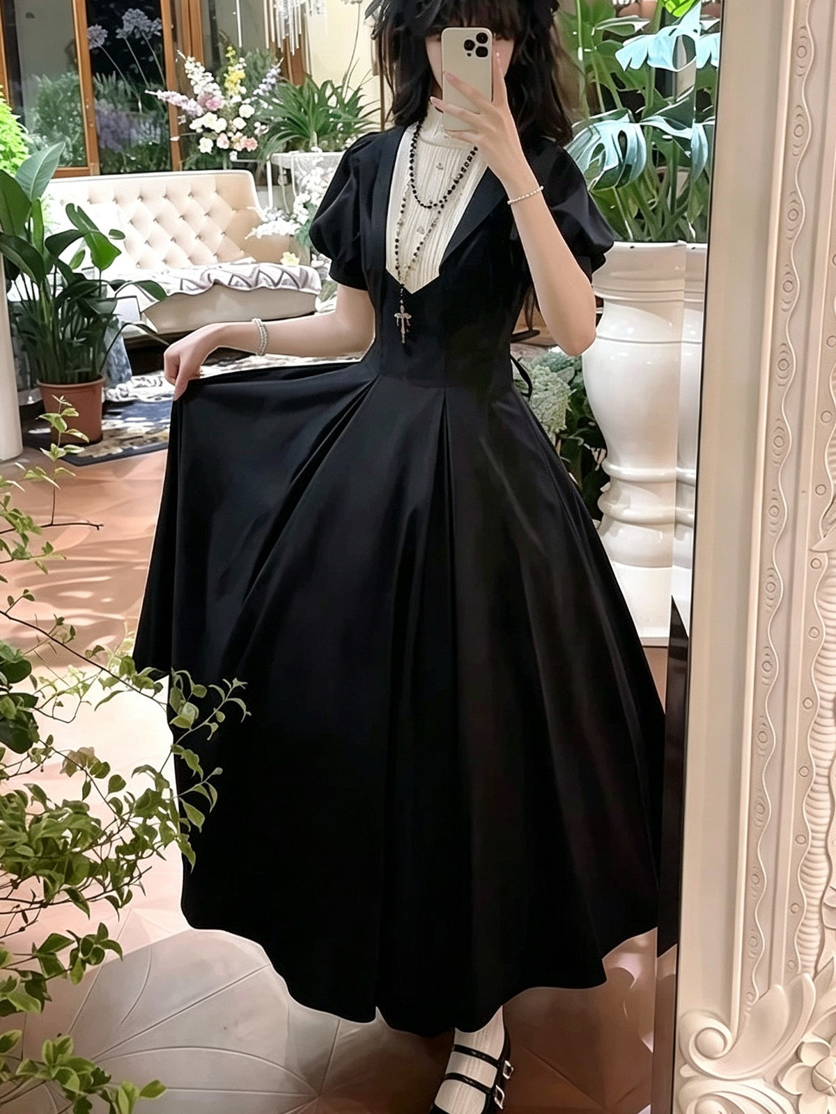 Gothic Nun Lolita Vintage Court Dress with Necklace