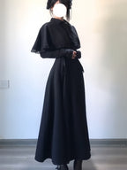 Gothic Black Long Lolita Dress Set with Bowknot Cape & Knit Sleeves