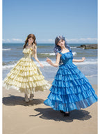 Blue Square Neck Lolita Dress Set with Seven-Tier Ruffles