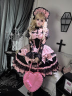 Black Pink Gothic Lolita JSK Dress Set with Bonnet | Doll Gown