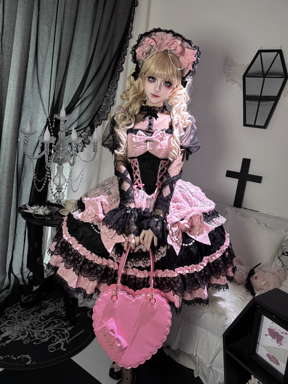 Black Pink Gothic Lolita JSK Dress Set with Bonnet | Doll Gown