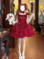 Sweet Wine Red Rose Lolita JSK Princess Dress with Choker & Train