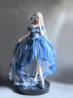 Blue Floral Wedding Lolita High-Low Dress Set with Long Train