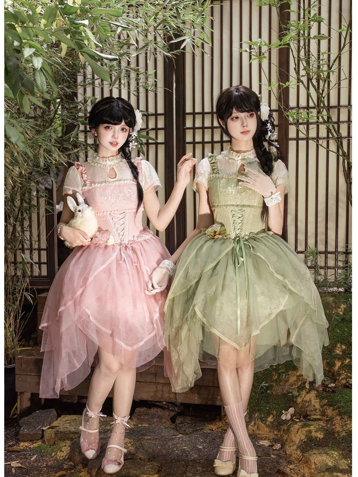 Pink Chinese Style Lolita Petal Hem Print OP with Lift-Up Skirt
