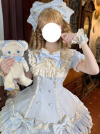 Blue Stripe Sweet Lolita OP Dress Full Set with Hat & Detachable Sleeves