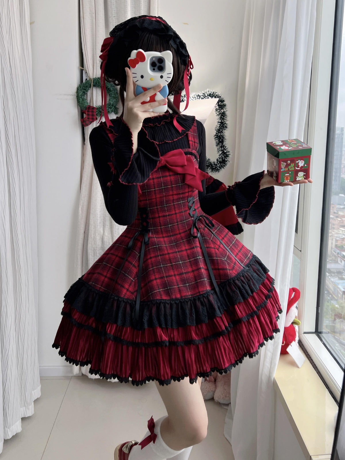 Red Plaid Lolita Dress Set with Bowknot Cape & Blouse Full Set