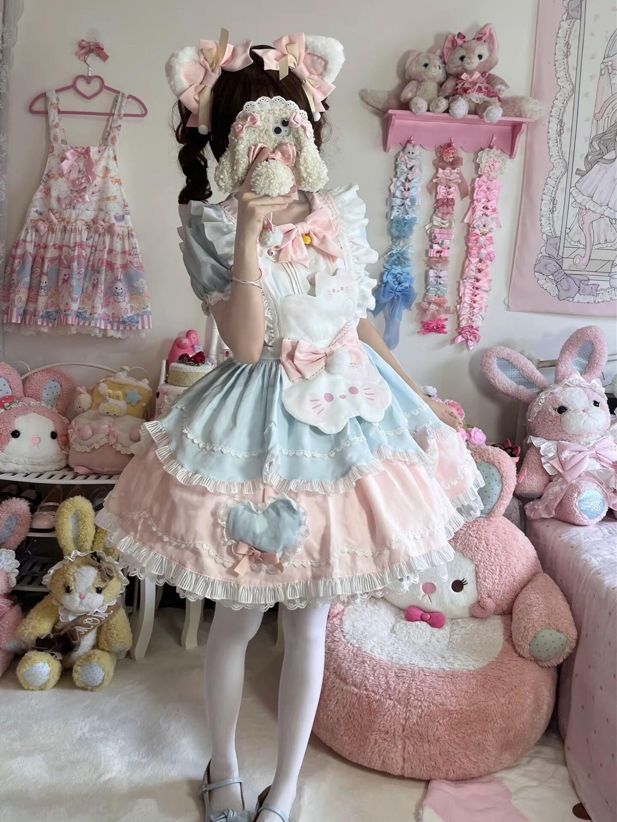 Sweet Cat Lolita OP Dress Short Sleeve Set with Apron & Headband