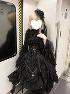 Black Gothic Lolita Dress Set - Long Sleeve Halloween Cosplay Outfit