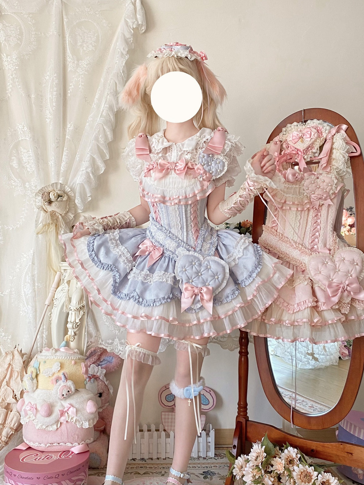 Sweet Ribbon Lolita Ballet JSK Dress - Blue & Pink Princess Gown