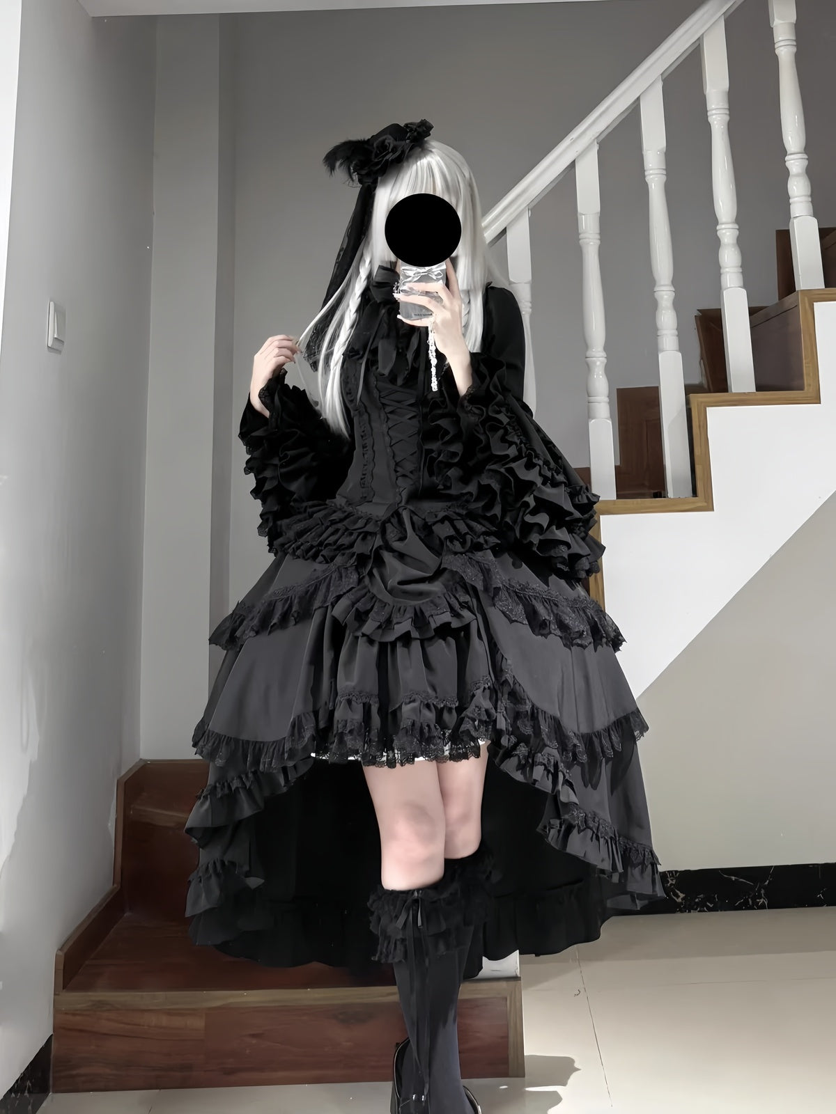 Gothic Black Phoenix Lolita Dress Set with Blouse & Tiered Skirt