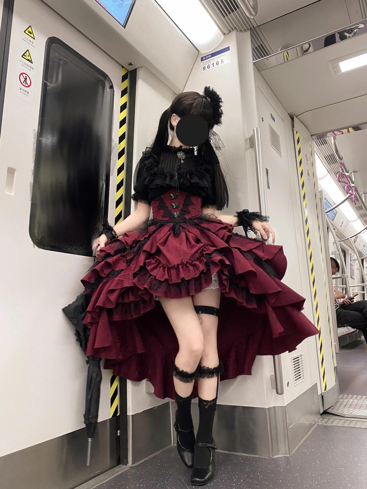 Black and Red Gothic Lolita Dress Set for Halloween Cosplay