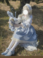 Sky Blue Sweet Lolita Long Sleeve OP Dress with Headband & Petticoat