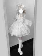 Vintage Old-School White Lolita JSK Dress Full Set with Petticoat