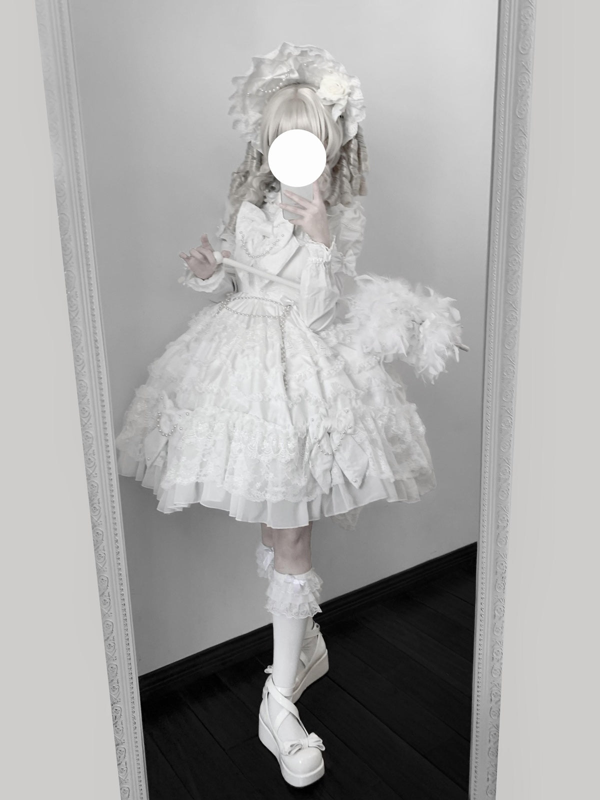Vintage Old-School White Lolita JSK Dress Full Set with Petticoat