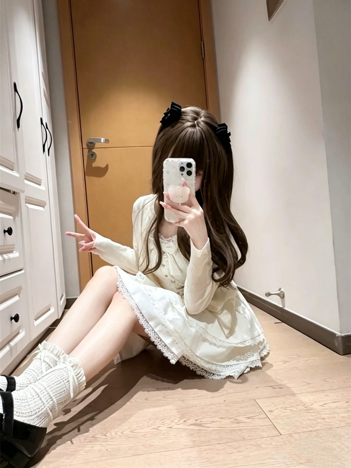 Cute Apricot Sweet Lolita Dress Long Sleeve Cardigan Mini JSK Set
