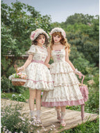 Embroidered Lolita OP Set with Pink Flat Hat & Belt