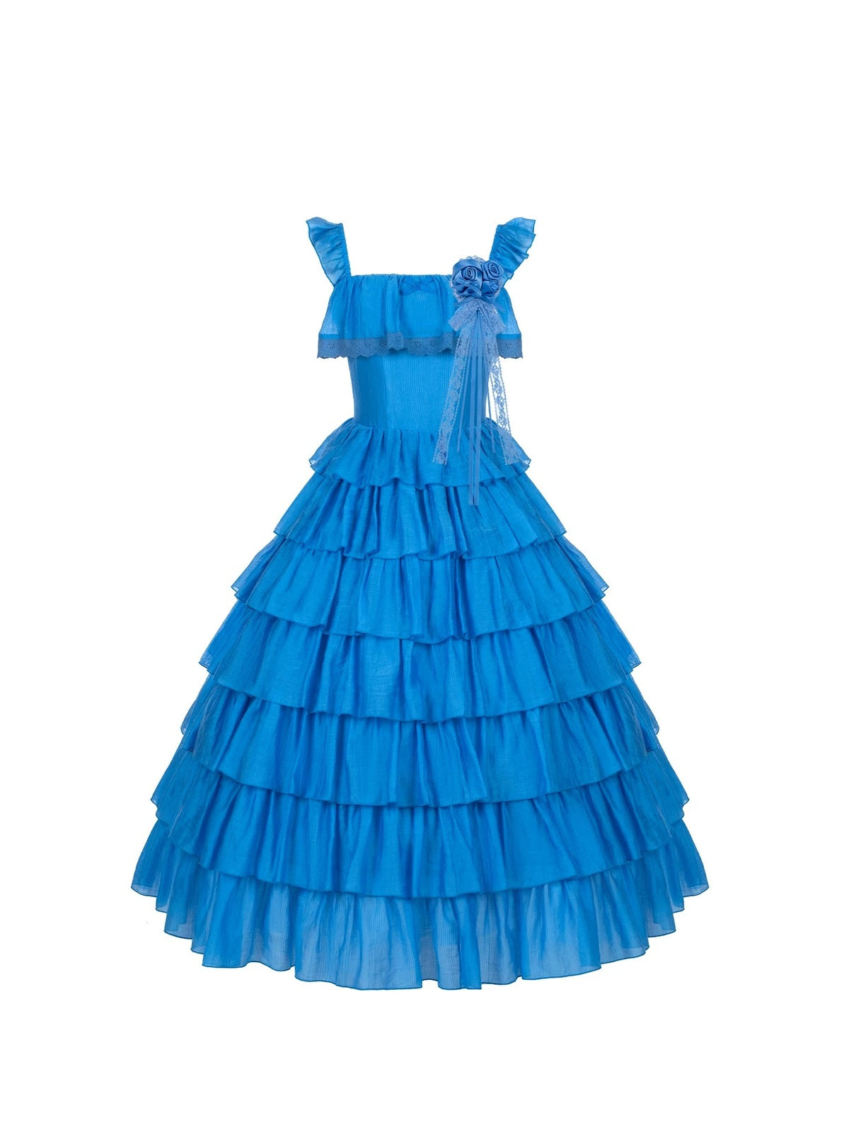 Blue Square Neck Lolita Dress Set with Seven-Tier Ruffles