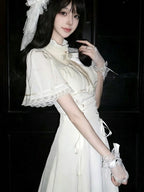 Elegant Off White Vintage Lace Lolita Dress Short Sleeve Midi JSK Set