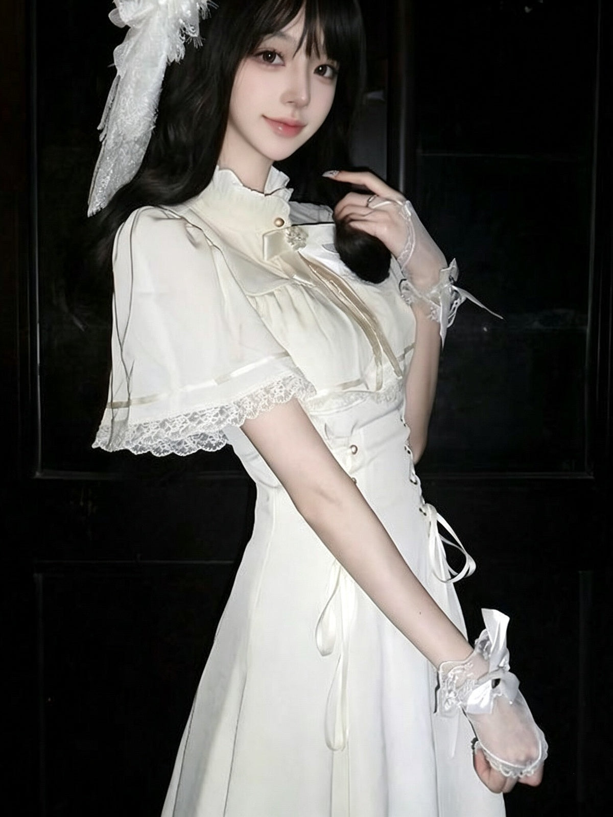 Elegant Off White Vintage Lace Lolita Dress Short Sleeve Midi JSK Set