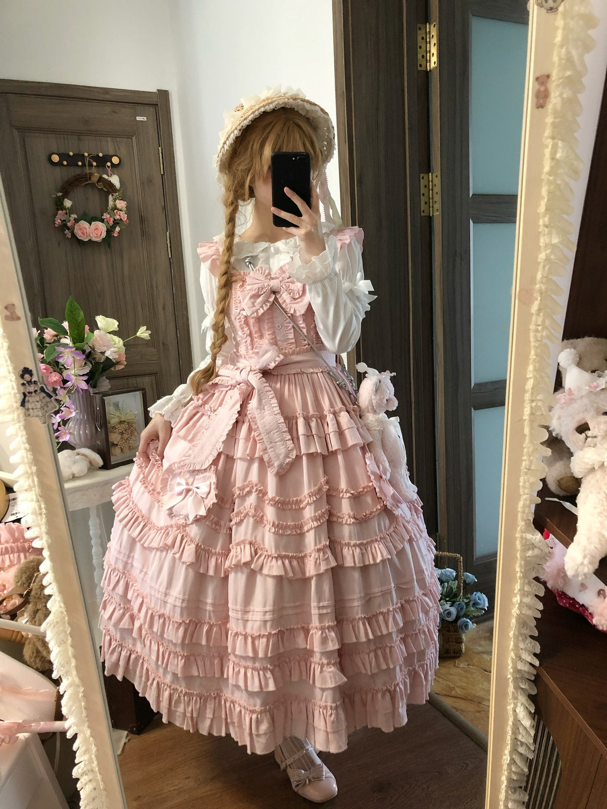 Pink Classical Lolita JSK Dress with Headband | Winter Gown