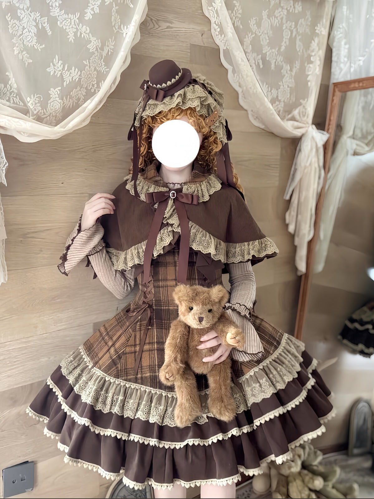 Brown Plaid Lolita Dress Set with Vintage Cape & Long Sleeve Blouse