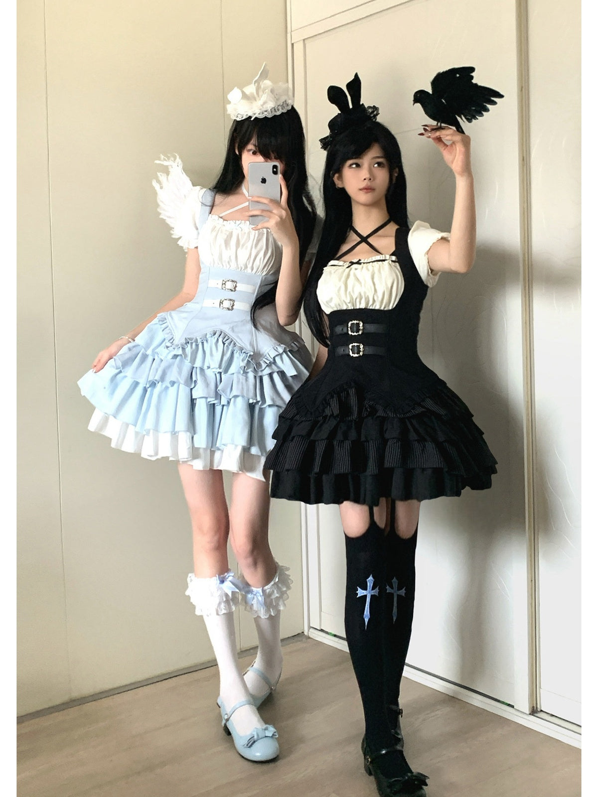 Black Square Neck Halter Lolita OP Set with Necklace & Bunny Hat