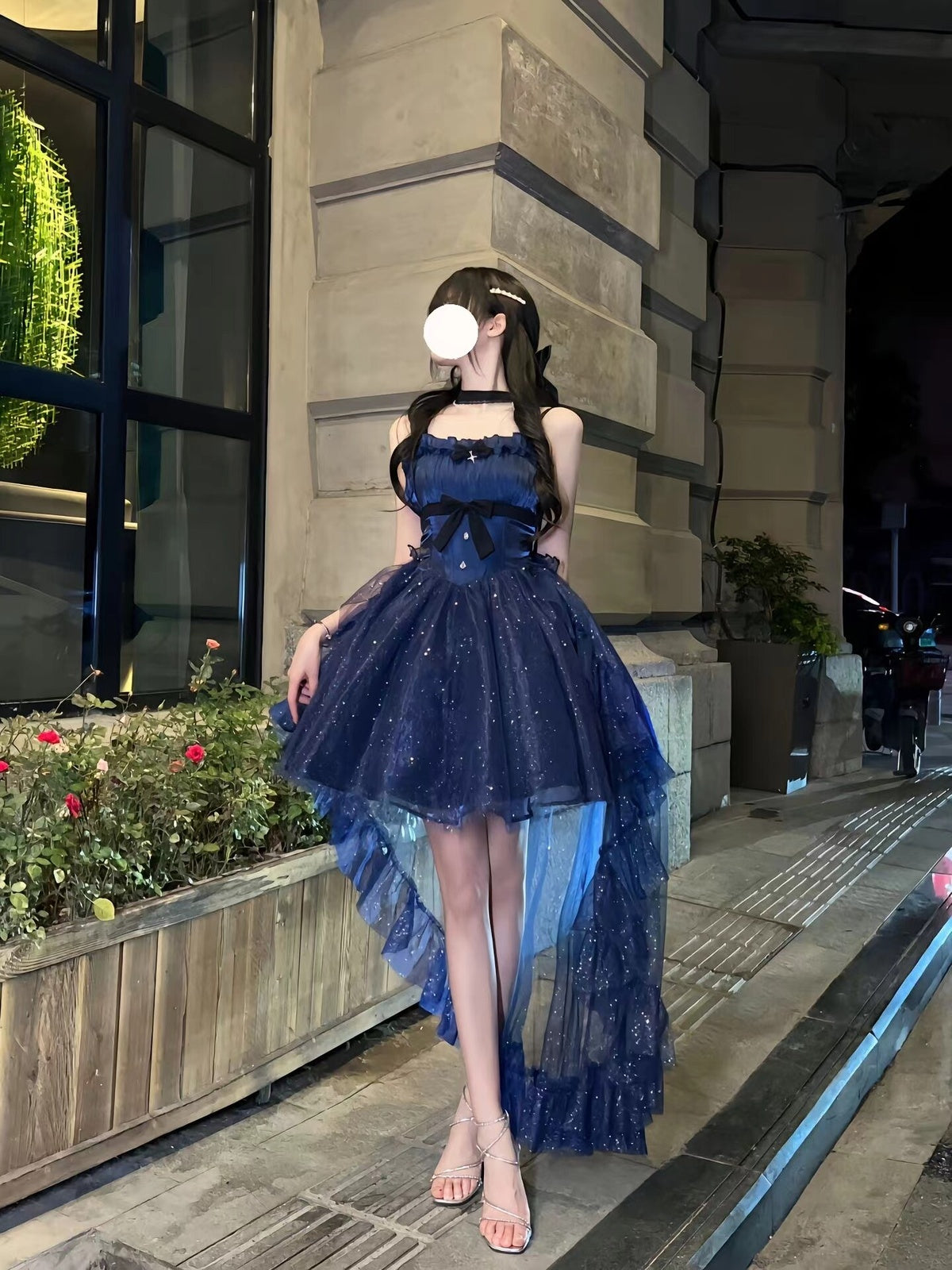 Blue Lolita Princess Ball Gown with Train & Choker