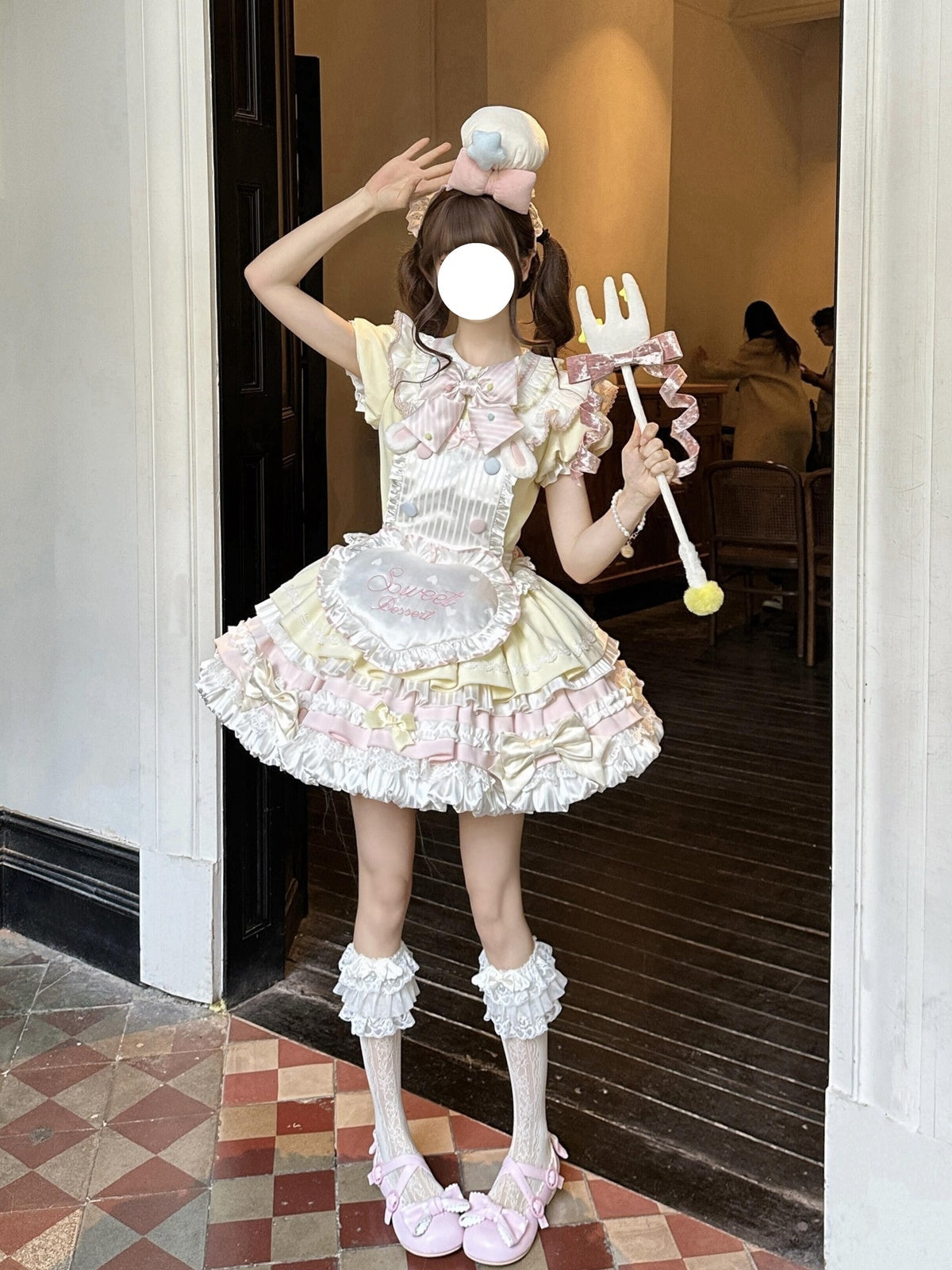 Sweet Pink Yellow Rabbit Maid Lolita OP Dress Set with Apron & Hat