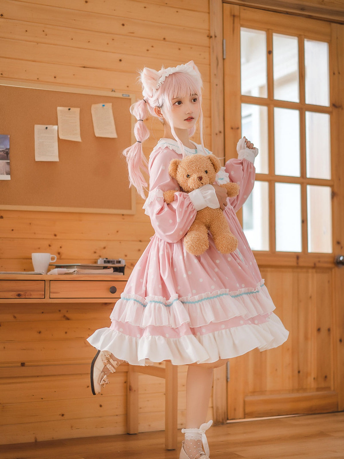Pink Polka Dot Sweet Lolita OP Long Sleeve Dress & Headpiece